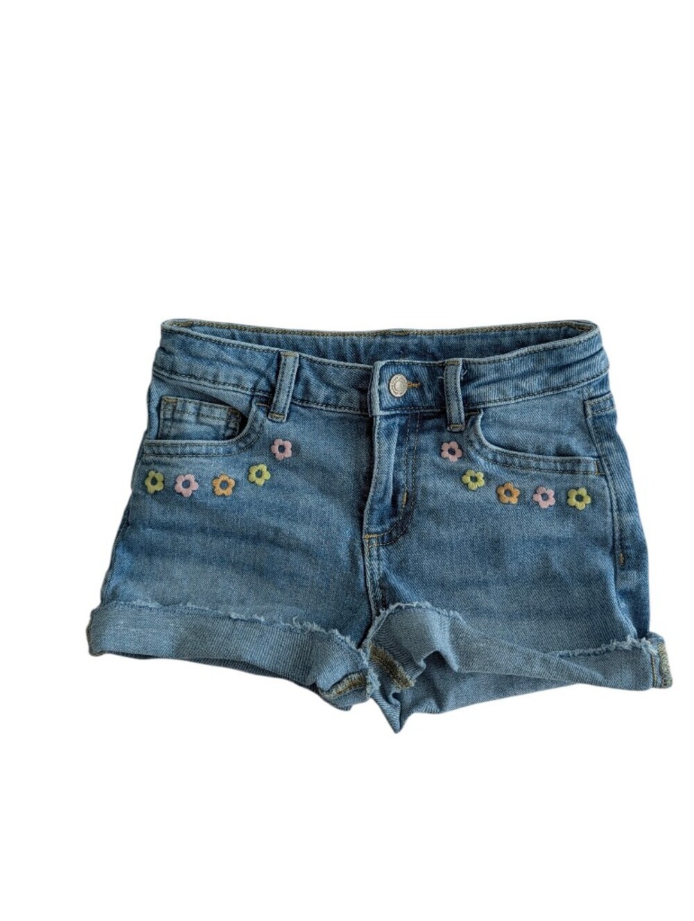 Jumping Beans Girls  Blue Denim Shorts with Pastel Floral Embroidery Size 7